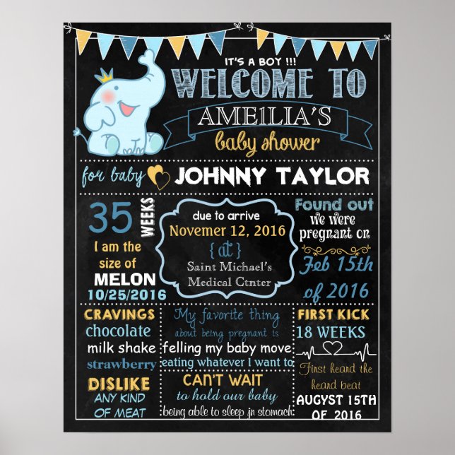 Elephant Baby Shower Party chalkboard sign Boy (Front)