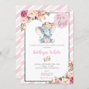 Elephant Baby Shower Pink and Silver Invitation