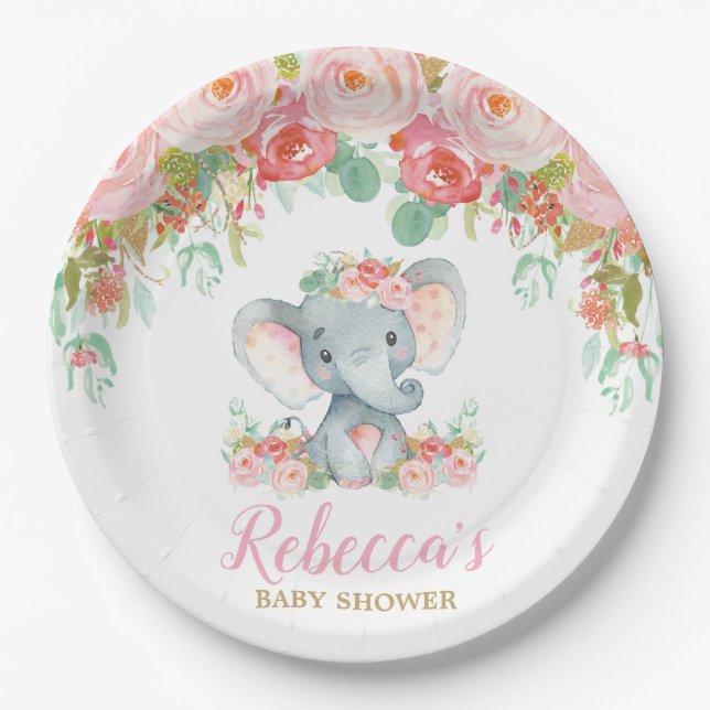 Elephant Baby Shower Pink Blush Floral Baby Girl Paper Plate (Front)
