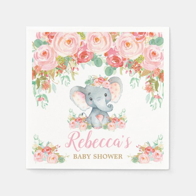 Elephant Baby Shower Pink Blush Floral Girl Small Napkin (Front)