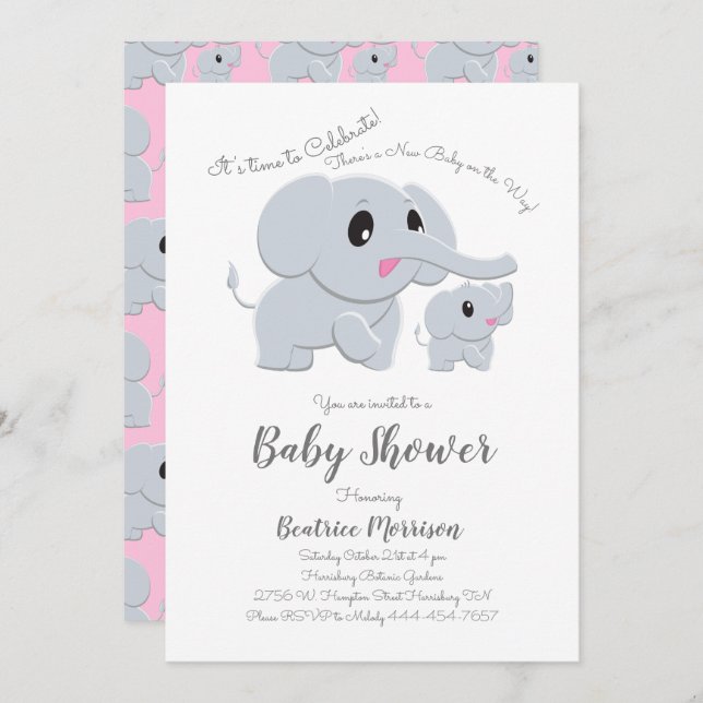 Elephant Baby Shower Pink Girl Invitation (Front/Back)