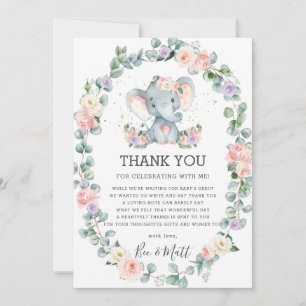 Elephant Baby Shower Pink Purple Floral Greenery Thank You Card