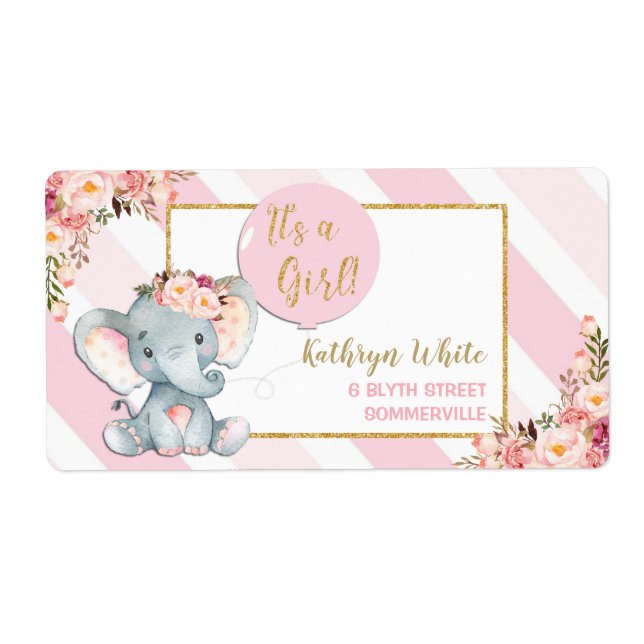 Elephant Baby Shower Pink Return Address Labels (Front)