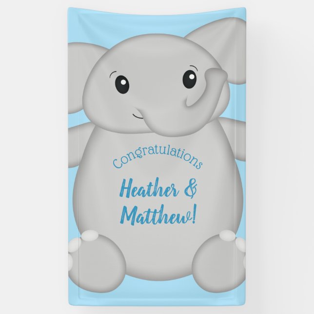 Elephant Baby Shower Safari Blue Boy Banner (Vertical)