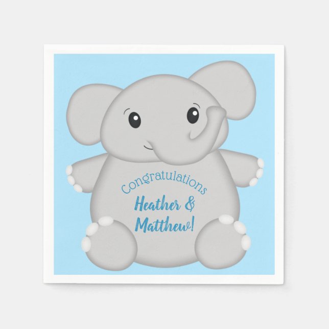 Elephant Baby Shower Safari Blue Boy Napkin (Front)