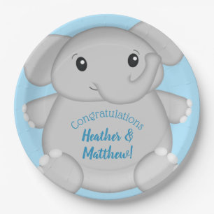 Elephant Baby Shower Safari Blue Boy Paper Plate