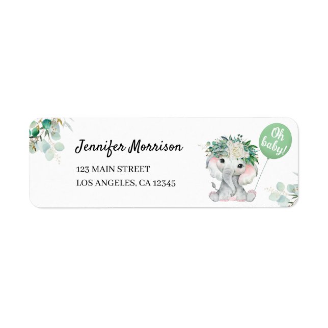 Elephant Baby Shower Sage Green Return Address  Label (Front)