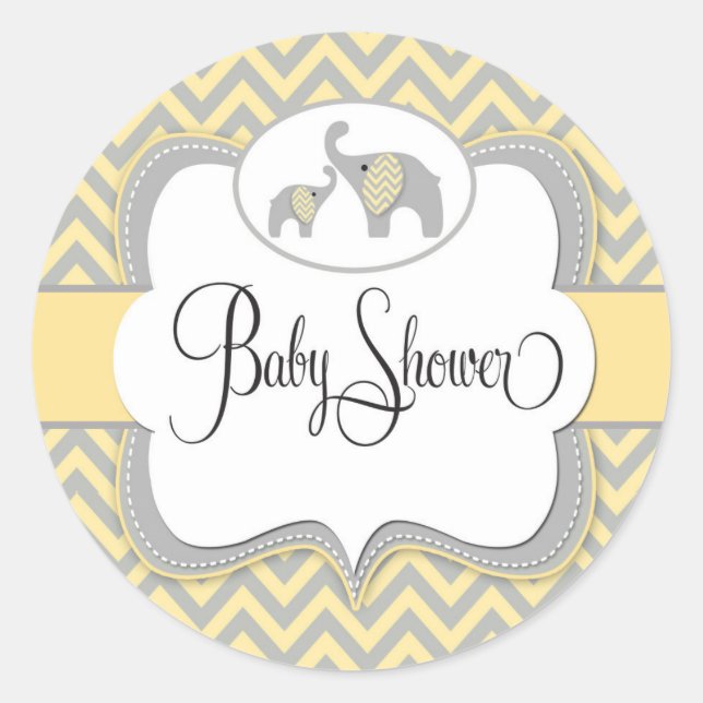 Elephant Baby Shower Sticker in Yellow Chevron (Front)