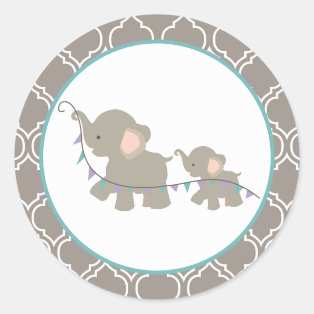 Elephant Baby Shower Stickers - Lavender/Teal (Front)