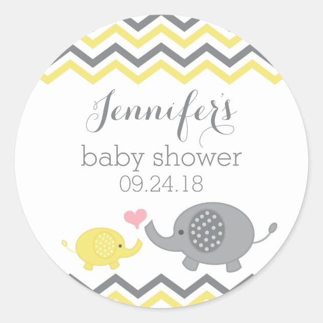 Elephant Baby Shower Stickers Yellow Grey Chevron (Front)