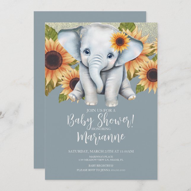 Elephant Baby Shower Sunflower Glitter Dusty Blue Invitation (Front/Back)