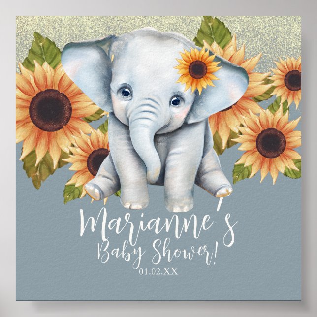 Elephant Baby Shower Sunflower Glitter Dusty Blue Poster (Front)