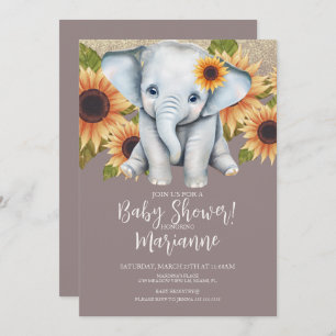 Elephant Baby Shower Sunflower Glitter Dusty Pink Invitation