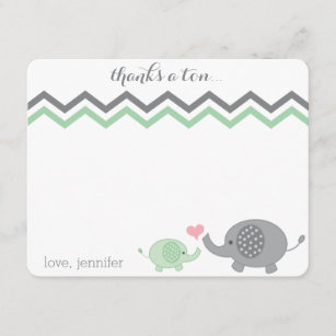 Elephant Baby Shower Thank You Green Gray Chevron Note Card