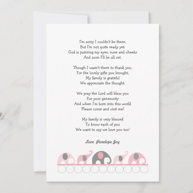 Elephant baby shower thank you notes / pink grey (Front)