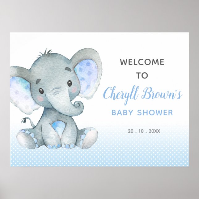 Elephant Baby Shower Welcome Sign (Blue) (Front)