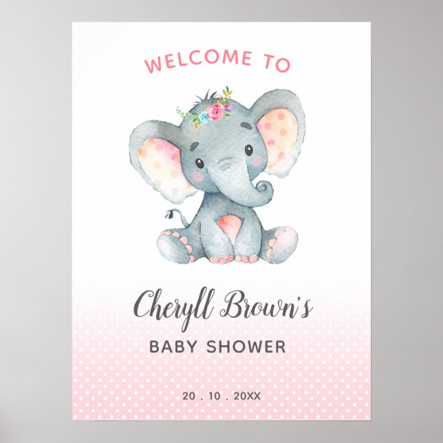 Elephant Baby Shower Welcome Sign Pink Girl Poster (Front)
