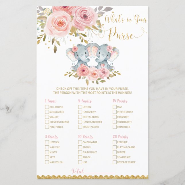 Elephant Baby Shower What's in Your Purse Game (Front)