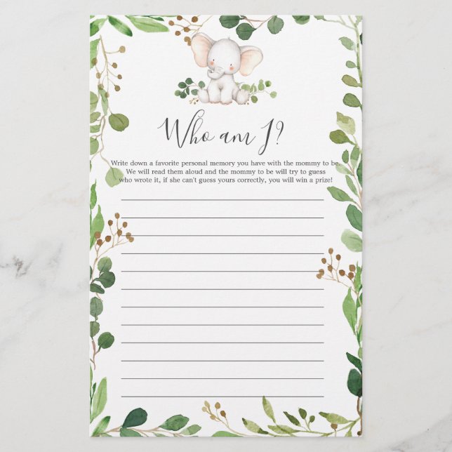 Elephant Baby Shower Who Am I Game (Front)