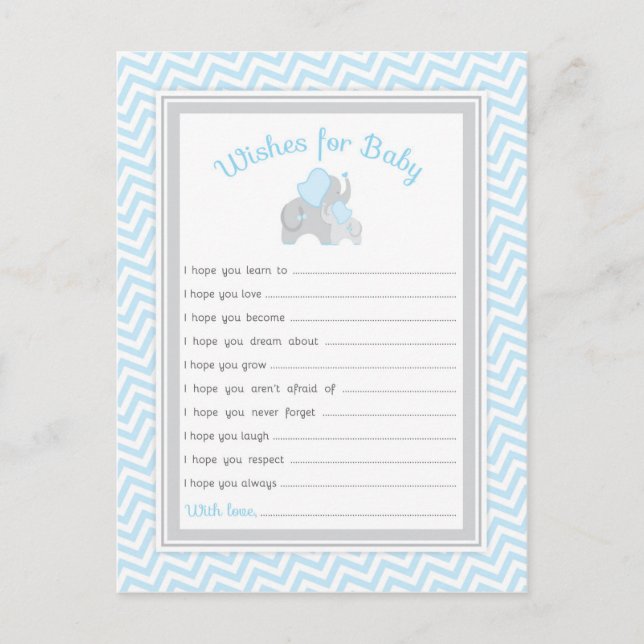 Elephant Baby Shower Wishes for Baby in Blue Grey Advice Card (Front)