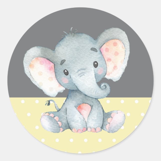 Elephant Baby Shower Yellow and Grey Classic Round Sticker (Front)