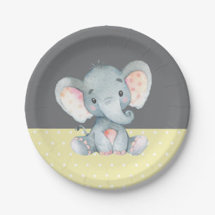 Elephant Baby Shower Yellow and Grey Paper Plate