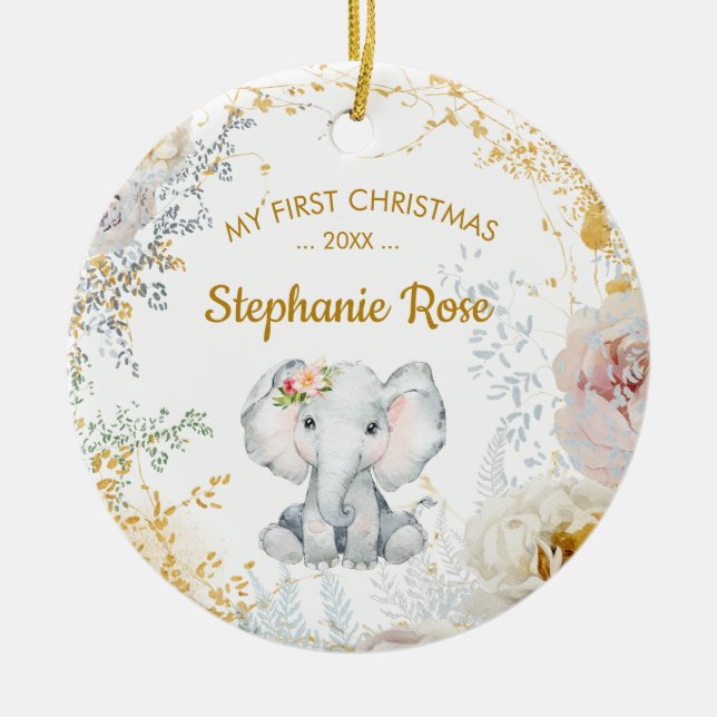 Elephant Baby's First Christmas Ceramic Ornament (Front)