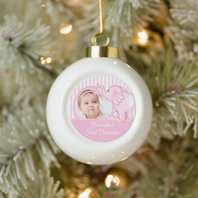 Elephant Baby's First Christmas Photo Ceramic Ball Christmas Ornament (Tree)