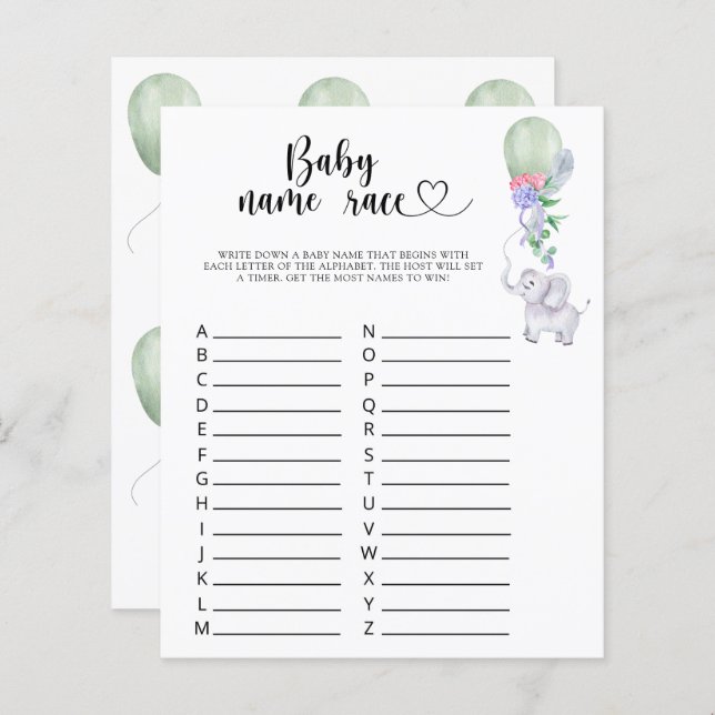 Elephant & Balloon - Baby name race game (Front/Back)