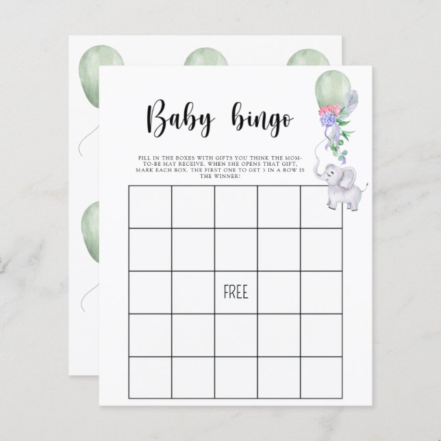 Elephant & balloon - Baby shower bingo game (Front/Back)