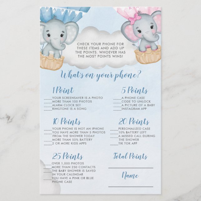 Elephant Balloon What's on your Phone Shower Game (Front)