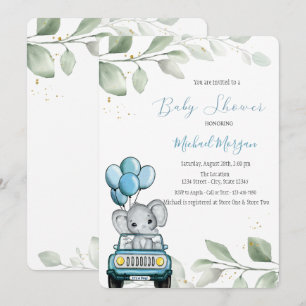 Elephant Balloons Car Leaves Baby Shower Invitation