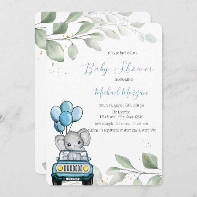 Elephant Balloons Car Leaves Baby Shower Invitation (Front/Back)