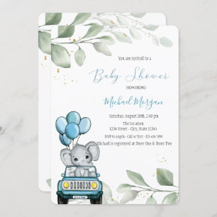 Elephant Balloons Car Leaves Baby Shower Invitation
