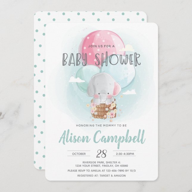 Elephant Balloons Gender Neutral Baby Shower Invitation (Front/Back)