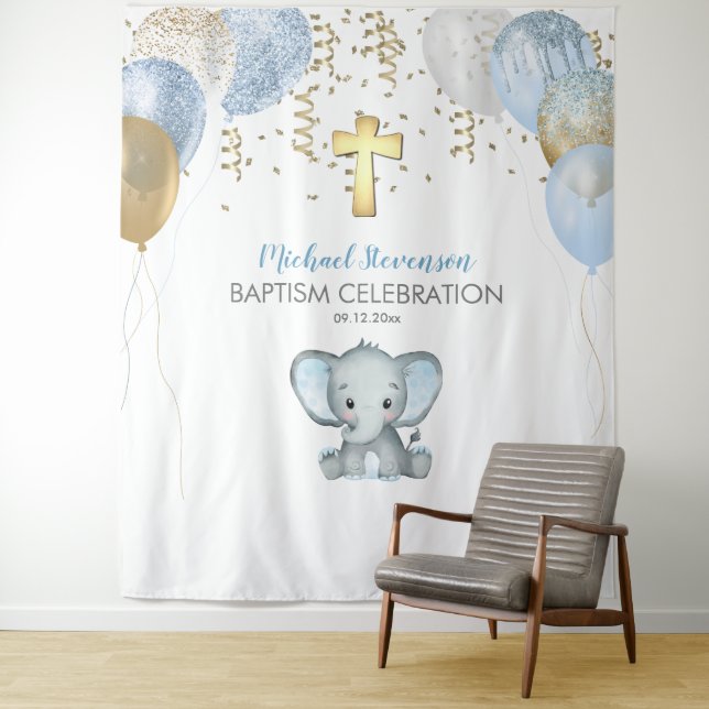 Elephant Balloons Watercolor Baptism Tapestry (In Situ)