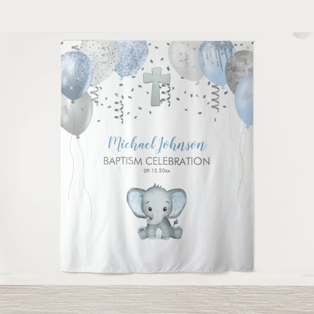 Elephant Balloons Watercolor Baptism Tapestry (Front)