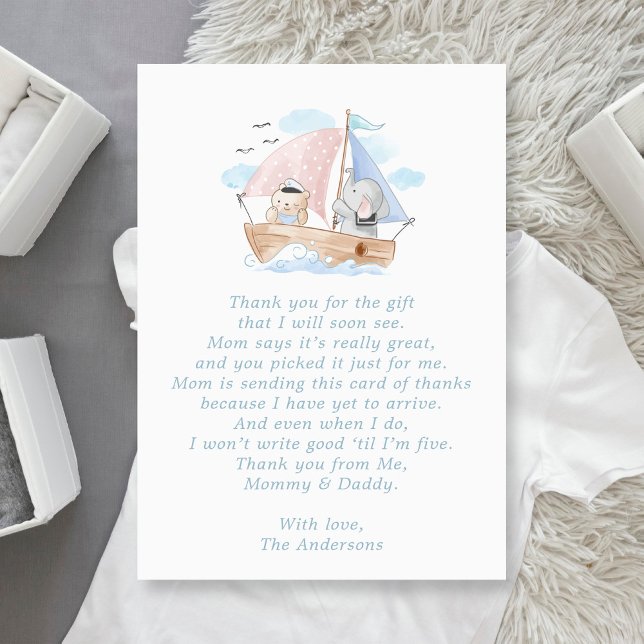 Elephant Bear Boat Baby Shower Thank You Card (Creator Uploaded)