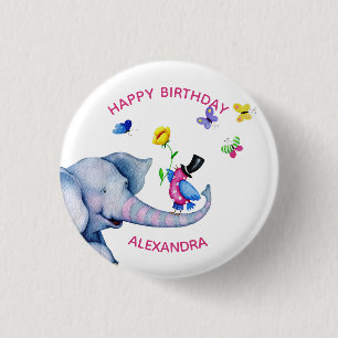Elephant Bird And Butterflies 3 Cm Round Badge