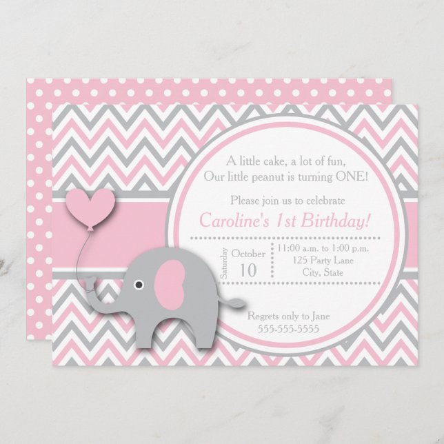 Elephant Birthday Invitation, Pink and Grey Invitation (Front/Back)