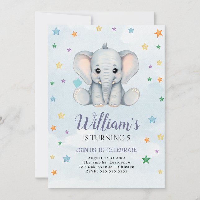 Elephant Birthday Party Invitation Template (Front)