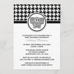 Elephant Black & White Houndstooth Baby Shower Invitation