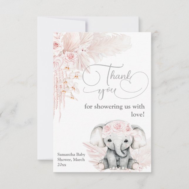 Elephant Blash Pink Flower Boho Baby Shower Thank You Card (Front)
