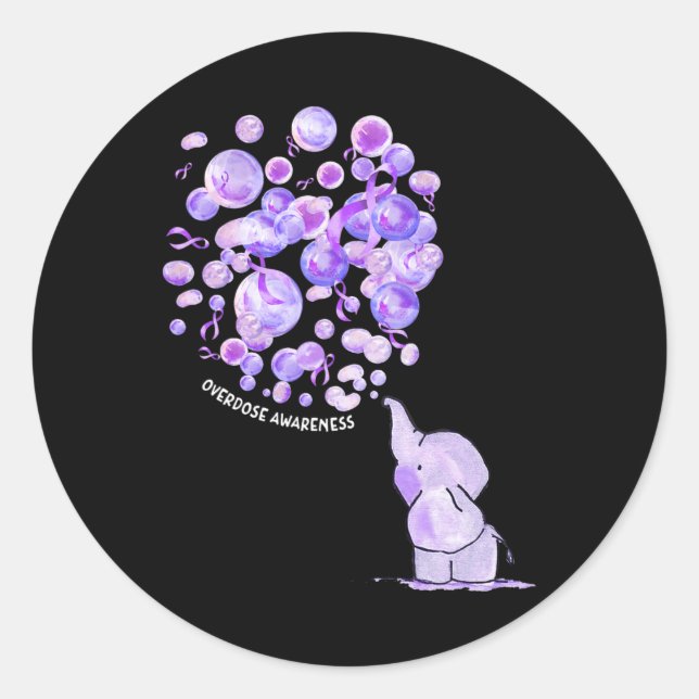 Elephant Blowing Up Purple Balloons Overdose Aware Classic Round Sticker (Front)