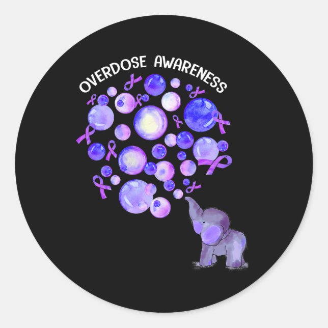 Elephant Blowing Up Purple Lloons Overdose Awarene Classic Round Sticker (Front)