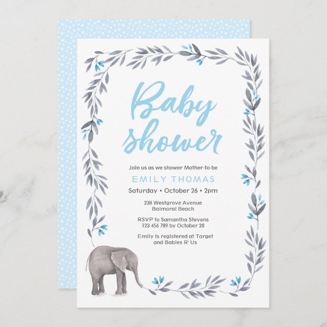 Elephant blue and grey Baby Shower Invitation (Front/Back)