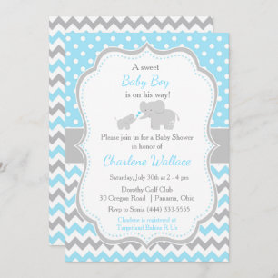Elephant Blue and Grey Baby Shower Invitation