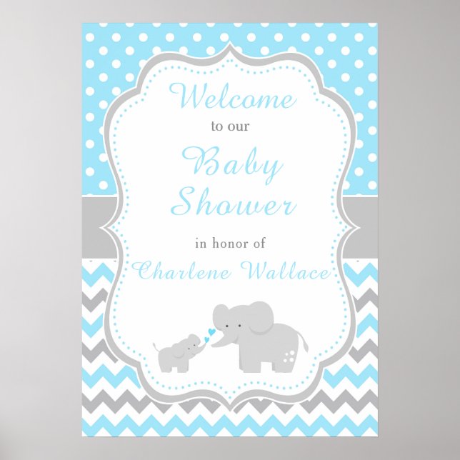 Elephant Blue and Grey Baby Shower Party Poster (Front)