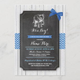 Elephant Blue Baby Shower Party Boy Wood Invite