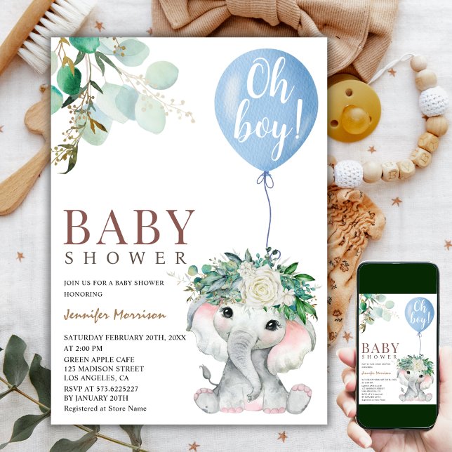 Elephant Blue Balloon Watercolor Baby Shower Invitation (Creator Uploaded)